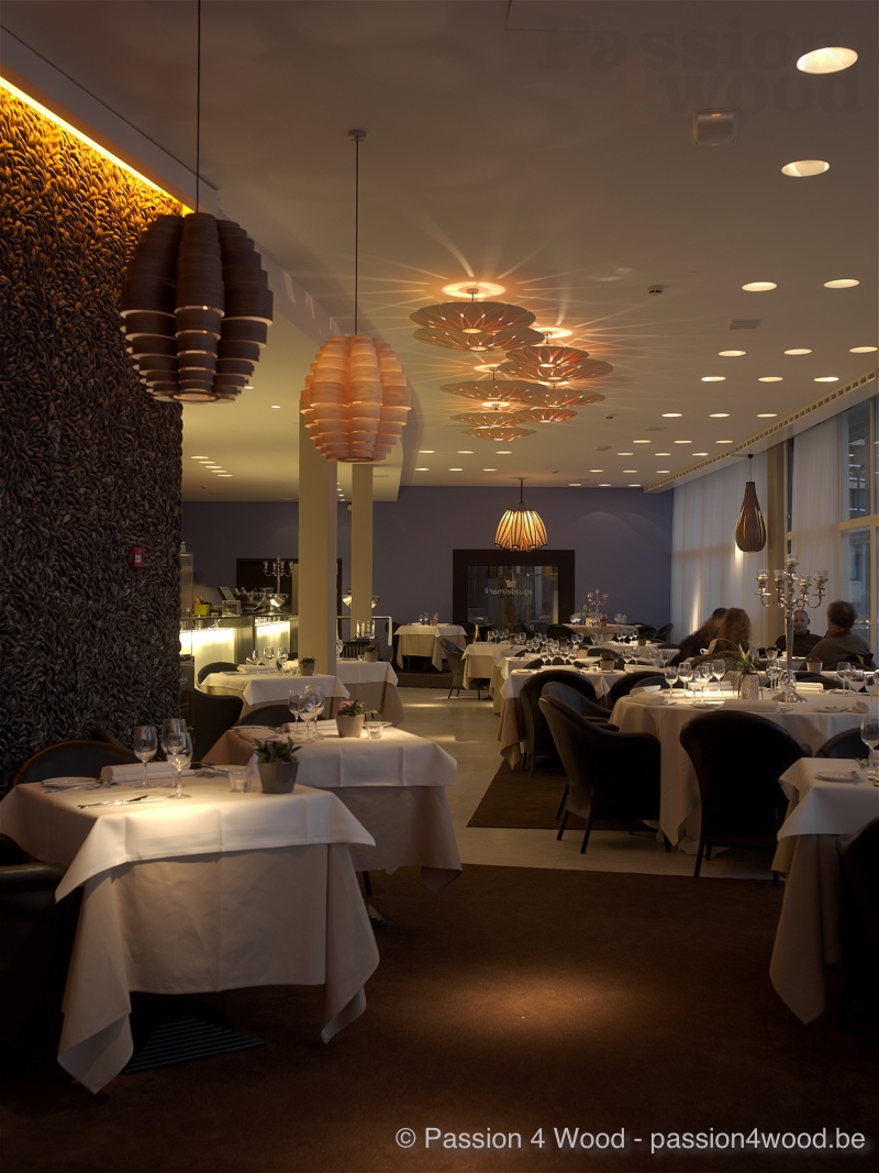 Agua del Mar - Luminaire en bois - differente lampe lotus au plafond et lamp suspension glow dans un restaurant
